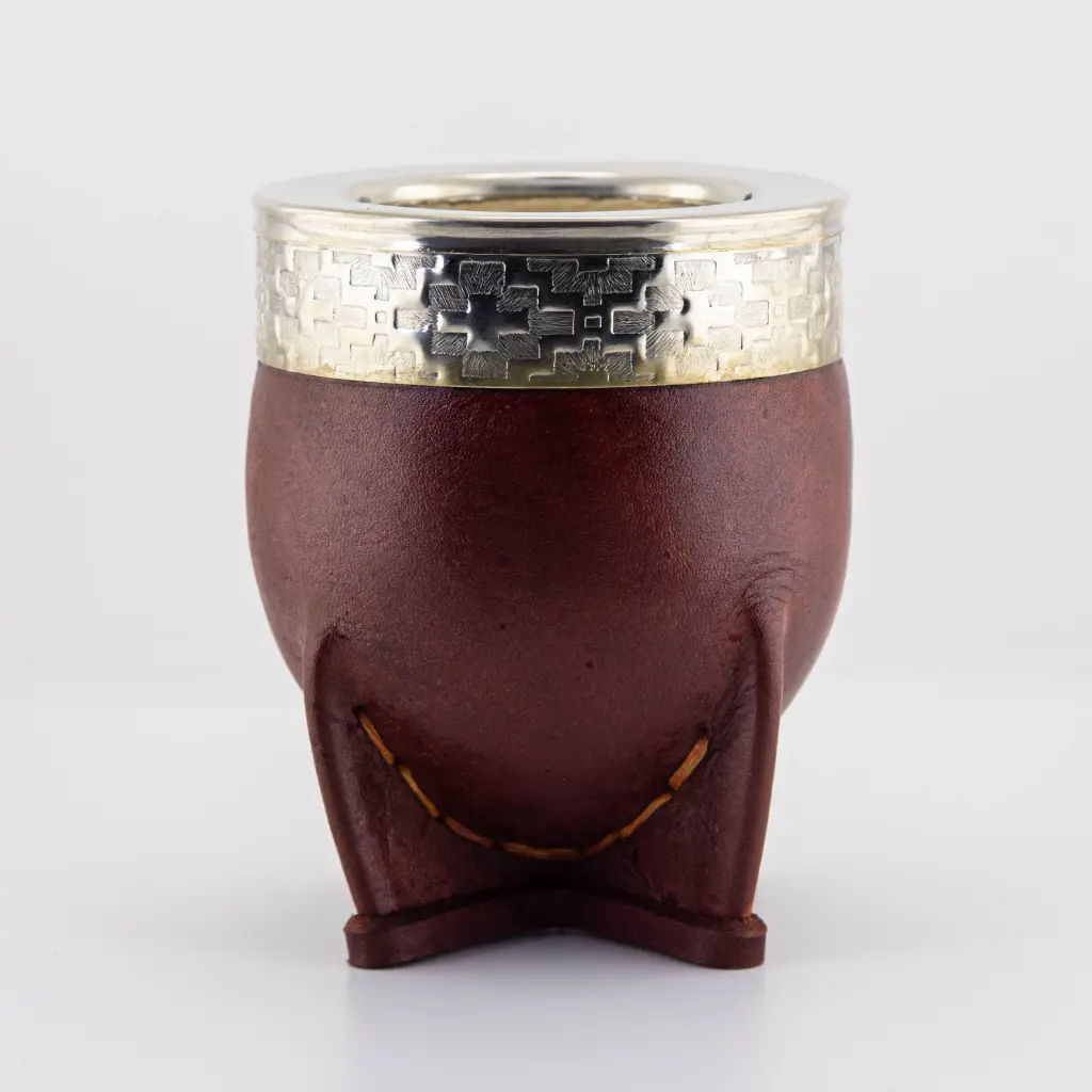 art. m011 Mate Imperial de cuero liso calabaza con virola y fleje de alpaca