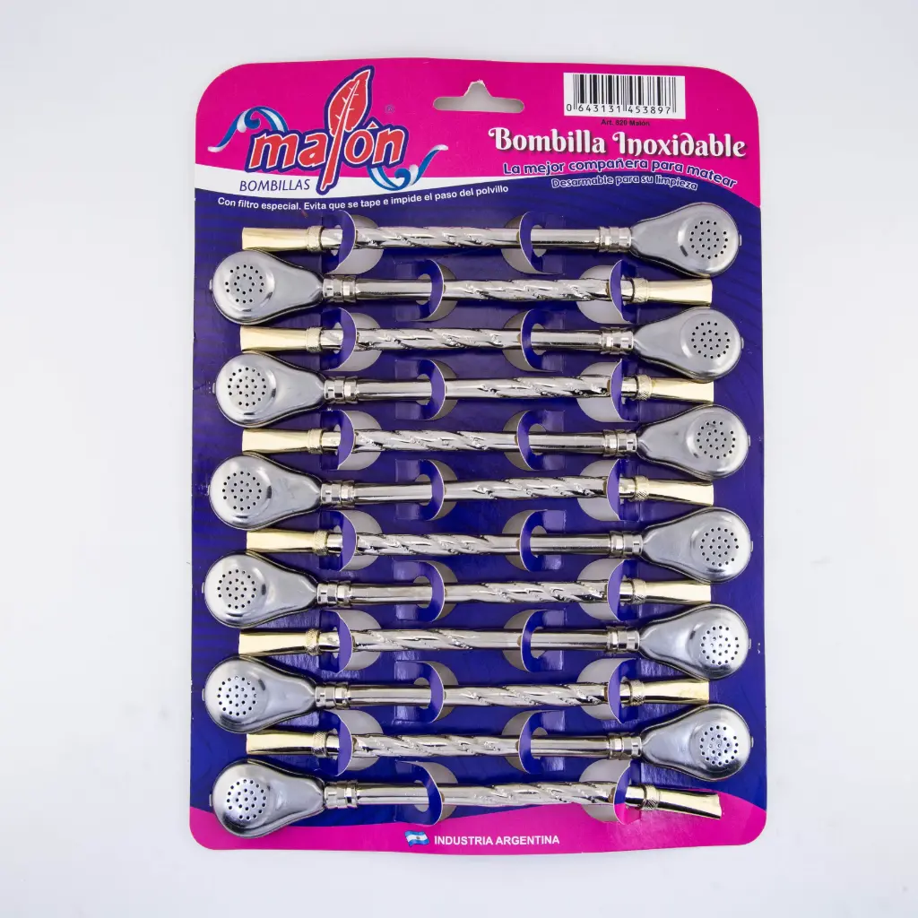 art. 820 Blister Bombilla Malón Bronce Niquelado con refuerzo de bronce desarmable caño largo repujado con virola de bronce y pico bañado