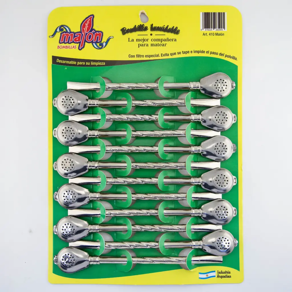 art. 410 Blister Bombilla Malón bronce niquelado desarmable caño largo repujado (Curvo)