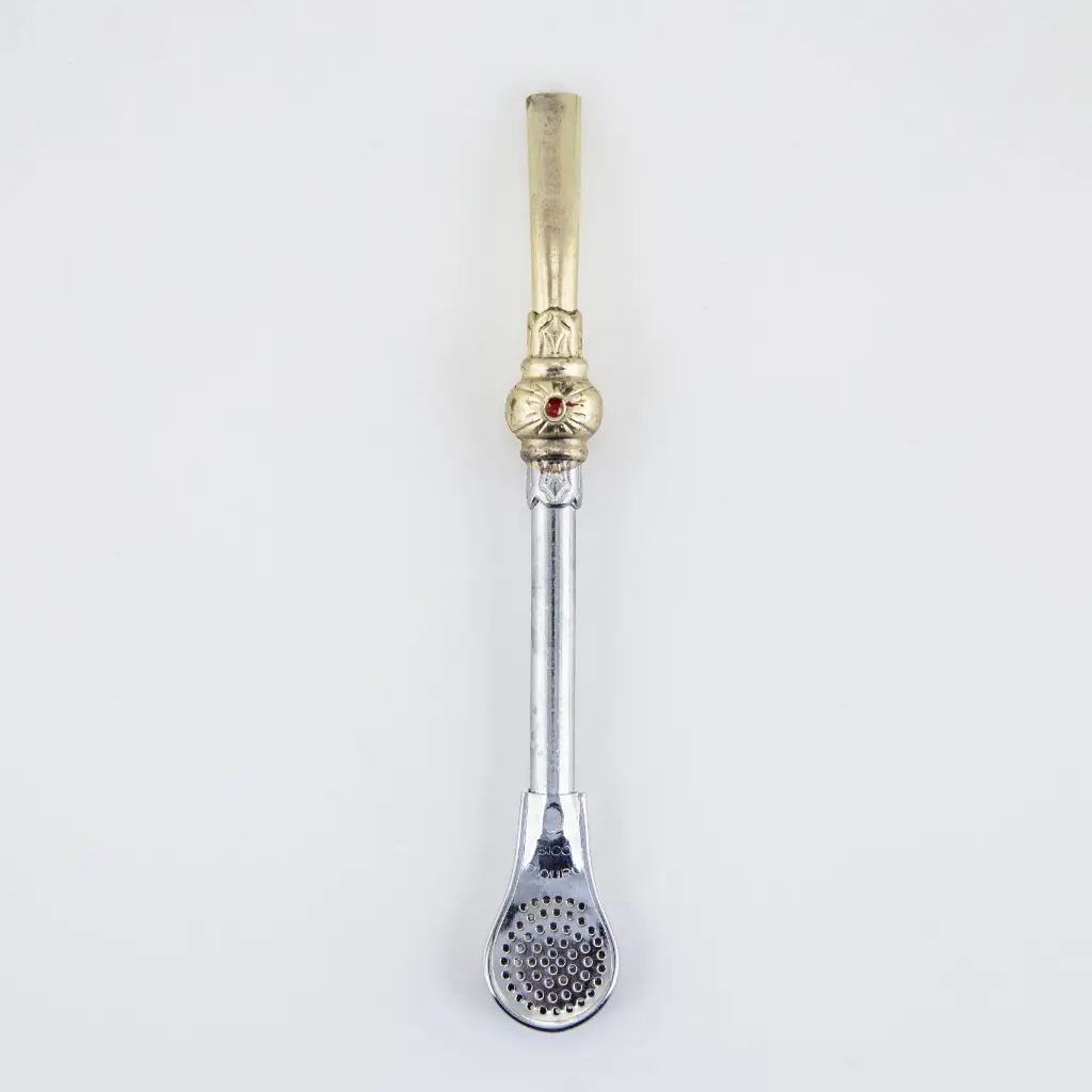 art. 212 Bombilla Brasilera Latón Cromado caño redondo virola de bronce pico bañado coco paleta con piedra simil rubi 