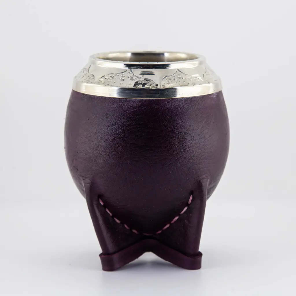art. m030 Mate torpedo de cuero liso calabaza con virola tallada de alpaca (Negro)