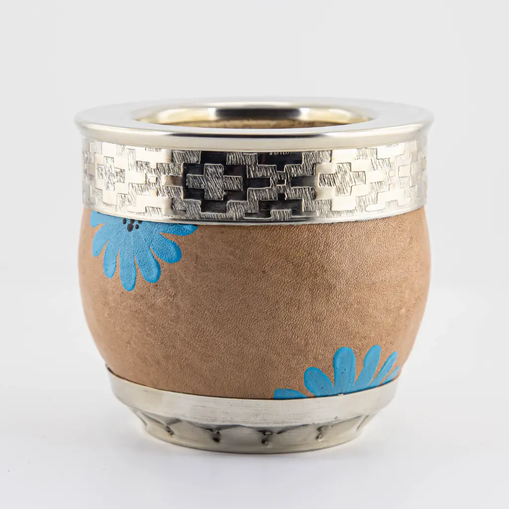 art. m035 Mate roma de cuero vaqueta pintado calabaza con virola y doble fleje grande de alpaca