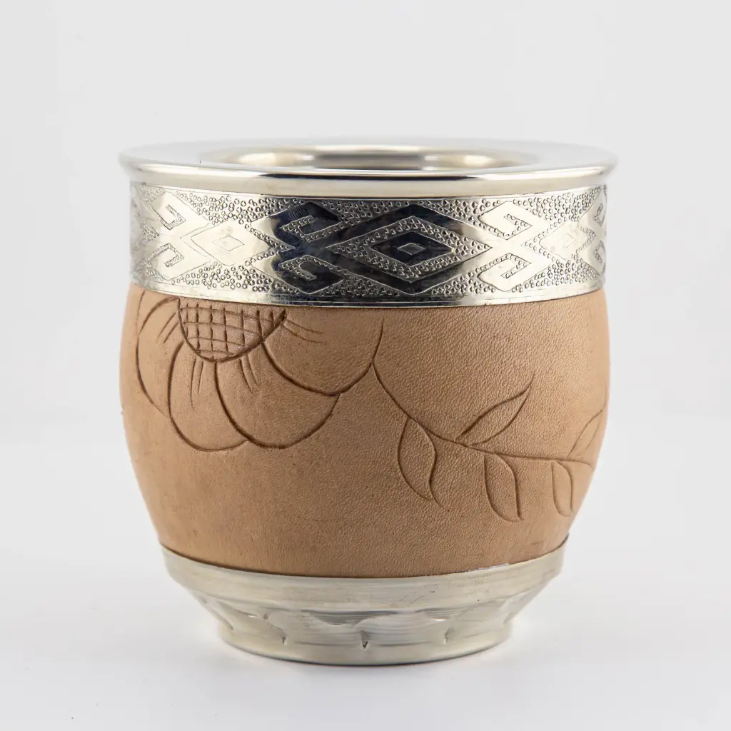 art. m038 Mate roma de cuero vaqueta tallado calabaza con virola y doble fleje grande de alpaca