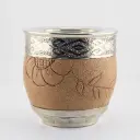 art. m038 Mate roma de cuero vaqueta tallado calabaza con virola y doble fleje grande de alpaca