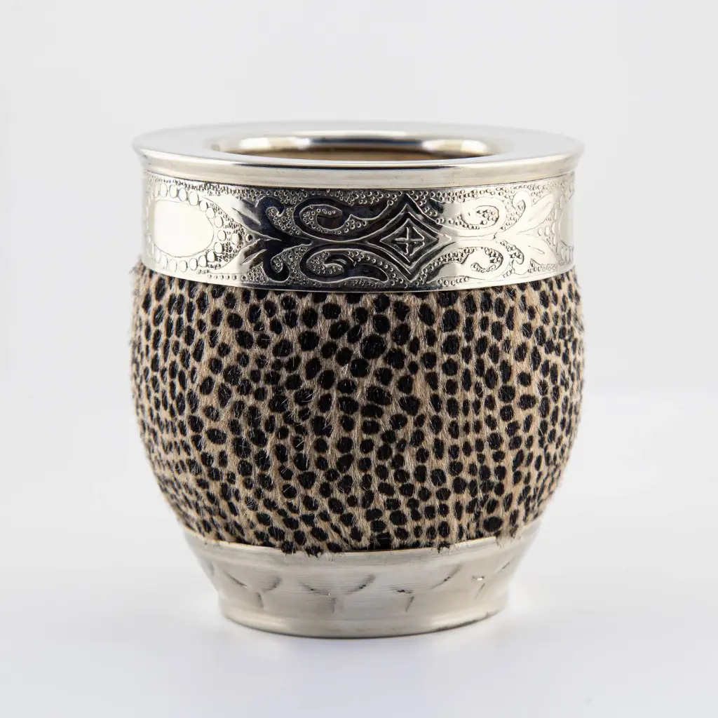art. m044 Mate roma de cuero animal print calabaza con virola y doble fleje grande de alpaca