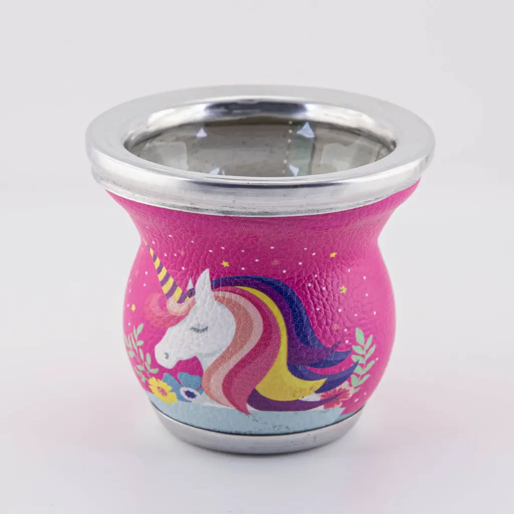 Mate de vidrio forrado en cuerina impresa o lisa con virola y base de aluminio