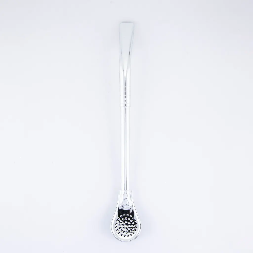 art. 121 Bombilla Alpaca Brasilera bañada en plata caño largo redondo y coco paleta