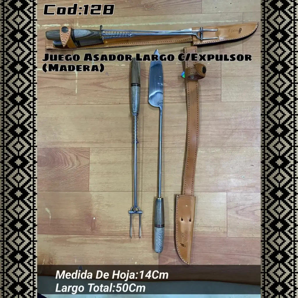 [c128] Juego Asador Largo Con Expulsor (Madera)