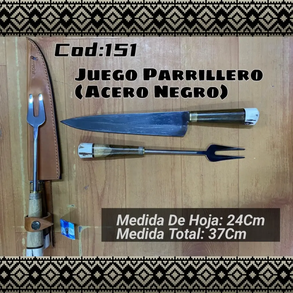 Juego Parrillero Acero Negro (Madera y Asta)