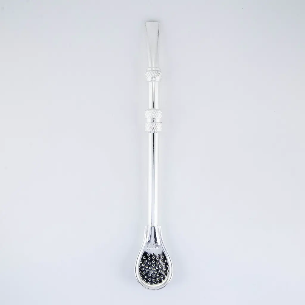 art. 121 Bombilla Alpaca Brasilera bañada en plata caño largo redondo con aplique sobre el caño y coco paleta