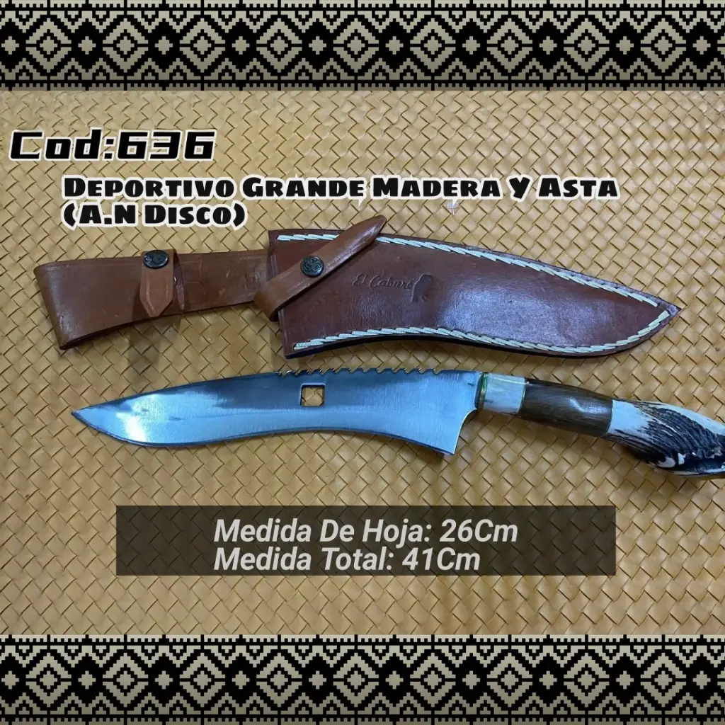 [c636] Cuchillo Deportivo Grande Acero Negro (Madera y Asta)