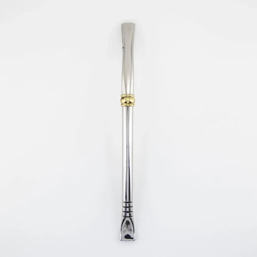 art. 945 Bombilla Malón Acero Inoxidable caño corto redondo con virola de bronce y pico de loro