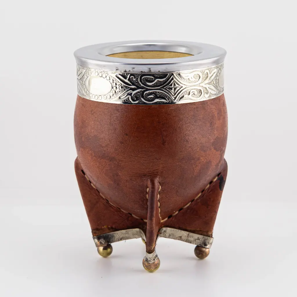 art. m008 Mate Imperial de cuero liso calabaza con virola y doble fleje de alpaca con bolitas (pie y cuello) (Negro)