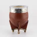 Mate Imperial de cuero liso calabaza con virola y doble fleje de alpaca con bolitas (pie y cuello)