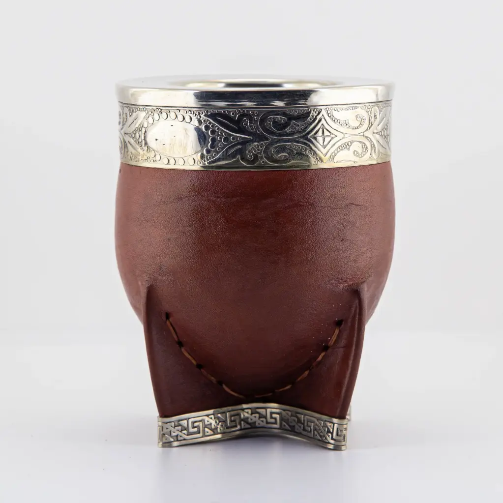 art. m018 Mate Imperial de cuero vaqueta calabaza con virola y doble fleje de alpaca (pie y cuello) (Negro)