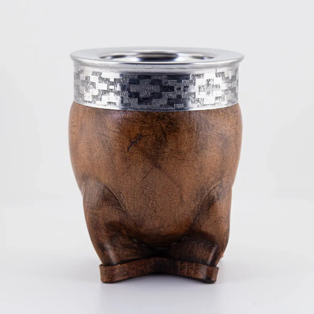 art. m023 Mate Imperial de cuero liso calabaza con virola y fleje de acero inoxidable (Negro)