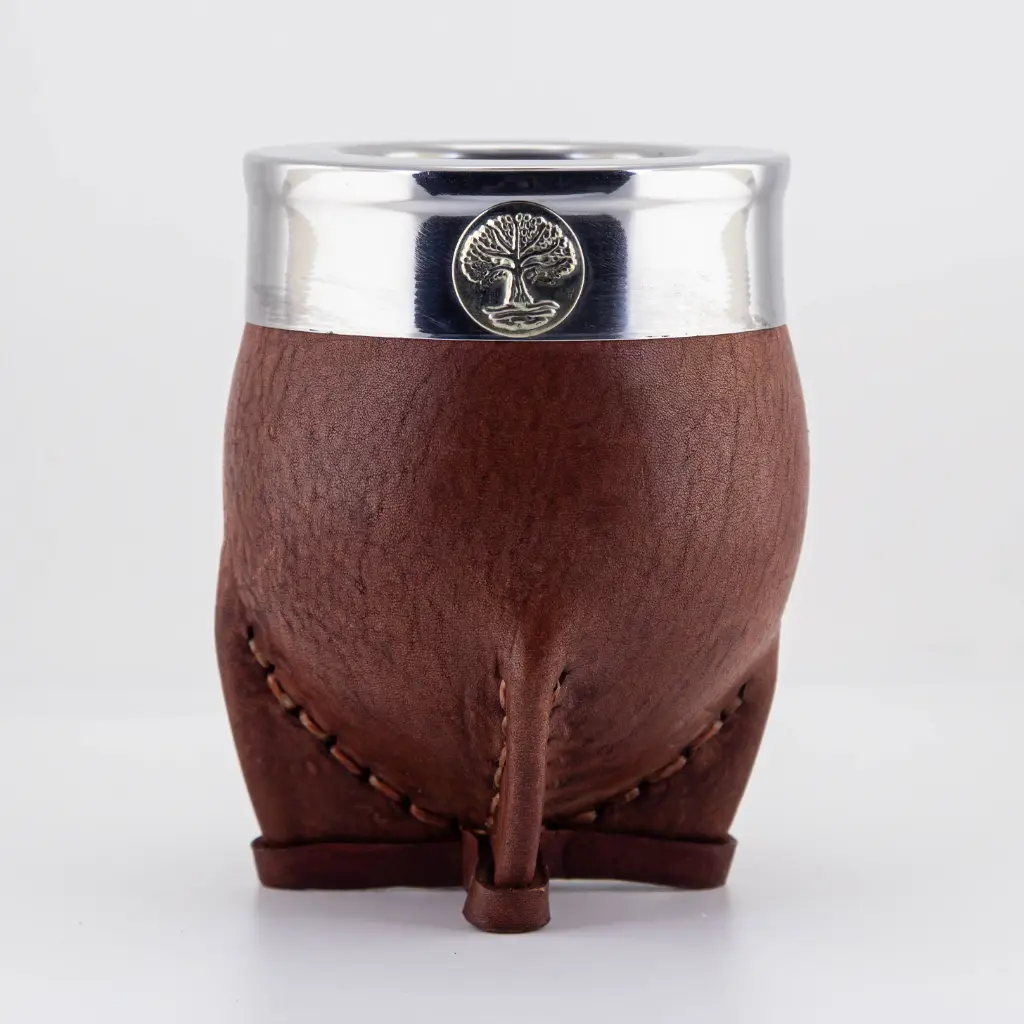 art. m025 Mate Imperial de cuero liso calabaza con virola y fleje de acero inoxidable con dije (Negro)