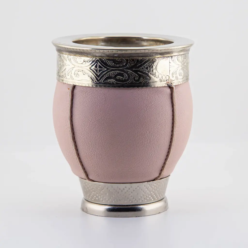 art. m053 Mate Imperial de cuero y eco-cuero calabaza con virola y fleje de alpaca y base metálica