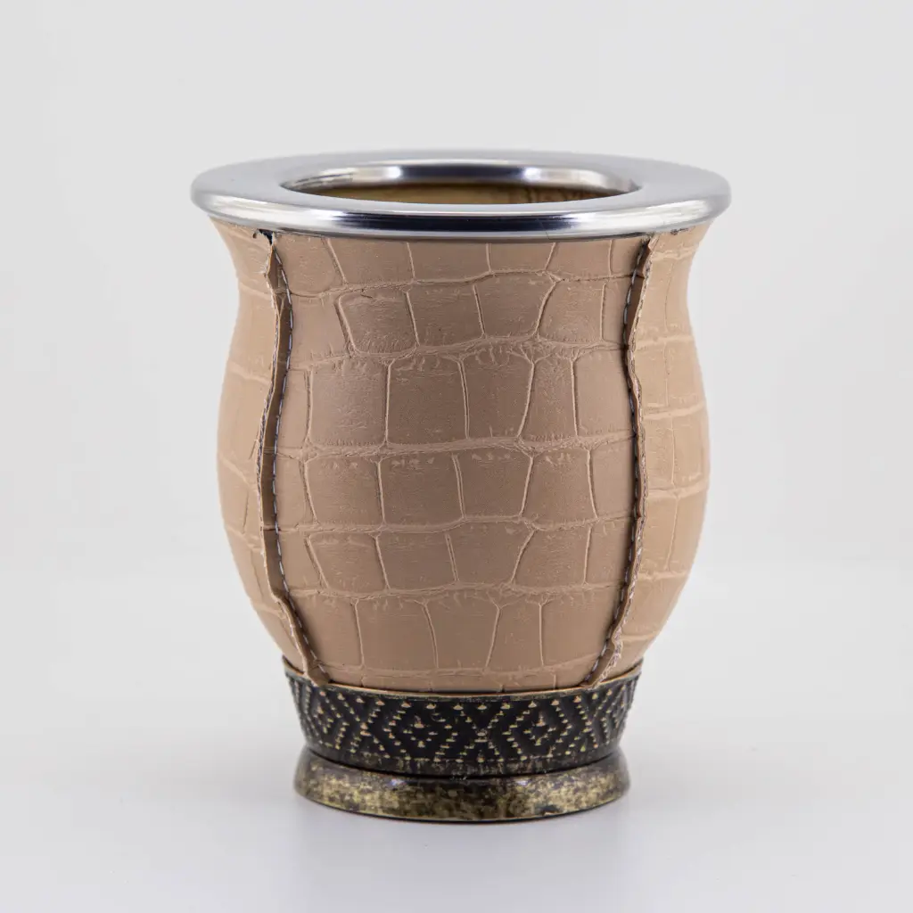 art. m070 Mate Camionero de eco-cuero calabaza con virola de acero inoxidable y base metálica (Negro)